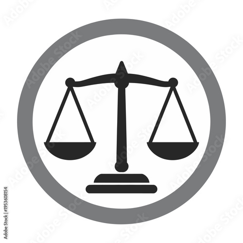 Balanced scales of justice vector icon in a circular gray frame