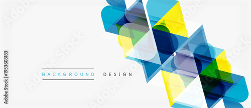 Abstract geometric shapes overlap, creating vibrant visual texture. Modern design elements suggest innovation, technology, dynamism. Clean background enhances colorful composition.