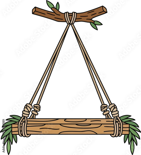 Rustic Wooden Tree Swing with Rope and Leaves Isolated on White Background Vector Illustration
