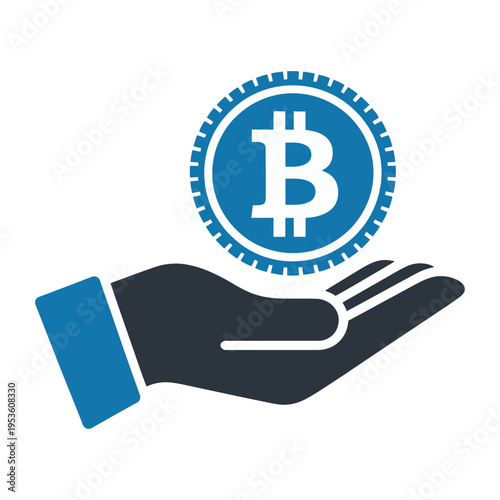Vector of a hand holding a bitcoin cryptocurrency coin above the palm