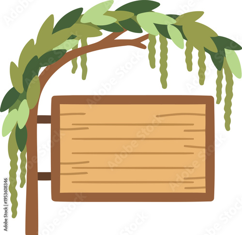 Blank wooden signboard with green leaves and tree branch for nature or eco-friendly design