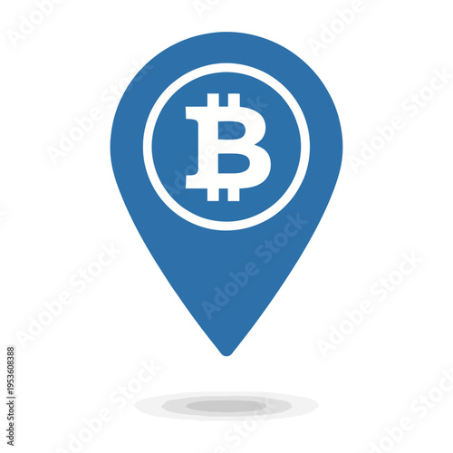 Blue vector location pin icon featuring the bitcoin symbol prominently displayed