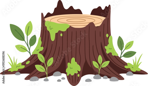 Cartoon Tree Stump with Green Moss and Leaves Isolated on White Background Vector Illustration