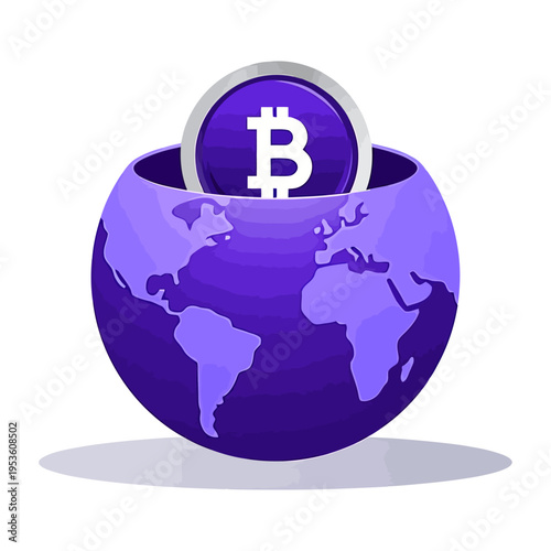 Vector of bitcoin symbol over a purple globe