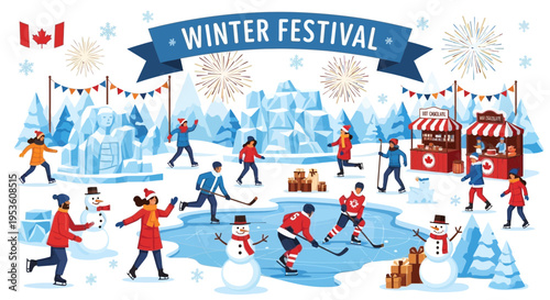 Canadian Winter Festival Celebration with Ice Sculpture, Hockey, and Snowmen