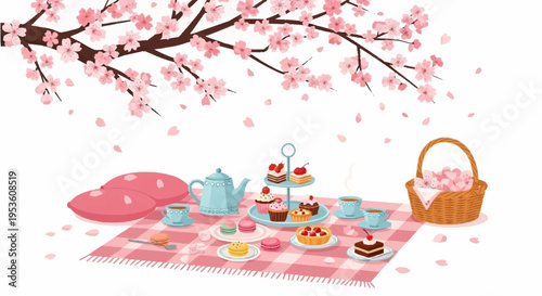 Spring picnic scene featuring a pink checkered blanket and a variety of colorful desserts including cupcakes and cookies under blossoming cherry tree