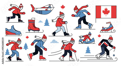 Canadian Winter Sports Flat Icons Set: Ice Skating, Skiing, Snowboarding, Hockey