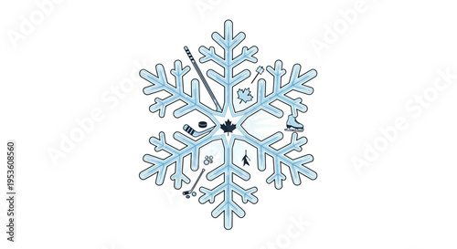 Canadian Winter Sports Snowflake Icon with Maple Leaf and Hockey Gear