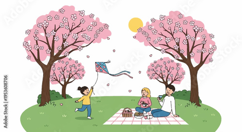 Serene spring park scene with children enjoying outdoor activities under blooming pink cherry blossom trees and sunny weather