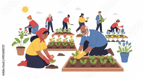 People engaging in urban community gardening activities planting and tending to vegetables and flowers on a city rooftop during daytime