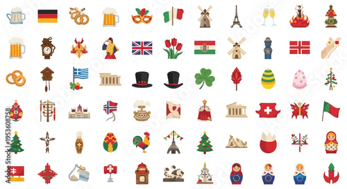 Cultural Icons Collection: Flags, Landmarks, Symbols, Food, and Traditions