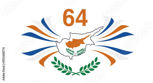 Cyprus Flag Map with Laurel Wreath and Number 64