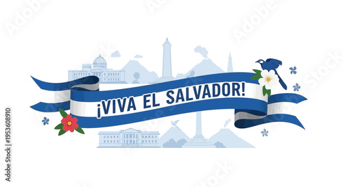 El Salvador Flag Ribbon Banner with Landmarks and Flowers