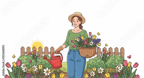 Woman in garden with basket of flowers amidst blooming plants and a wooden fence during daytime outdoor setting