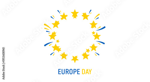 Europe Day Celebration: EU Stars Wreath with Fireworks on White Background