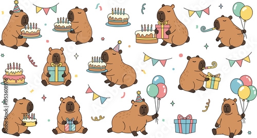 Set of cute capybara birthday party scenes with cakes, balloons, gifts and festive decorations in playful cartoon vector style