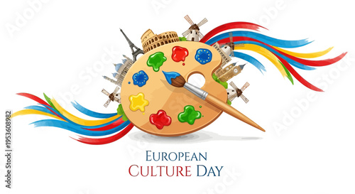European Culture Day Art Palette with Landmarks and Colorful Strokes