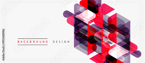 Abstract geometric pattern. Overlapping shapes create vibrant, modern design. Red, purple hues dominate white space. Minimalist aesthetic.