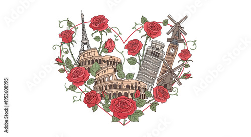 European Landmarks in Heart Shape with Roses, Travel Love Concept