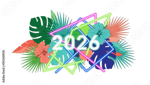 Colorful Tropical Leaves with 2026 Text.