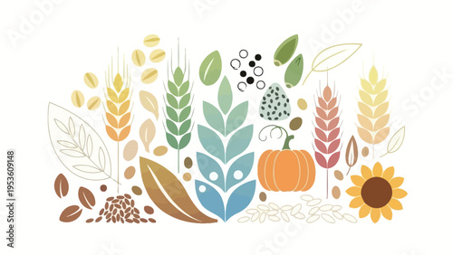 Colorful Illustration of Various Plants and Vegetables.