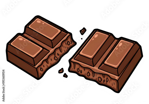 A detailed illustration of a broken milk chocolate bar with visible crunchy nut inclusions inside