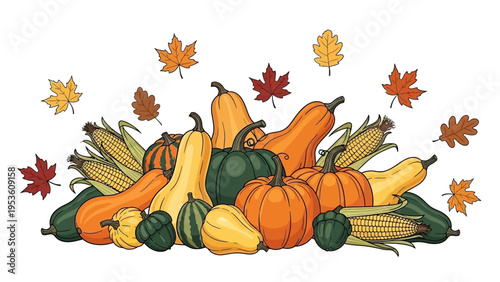 Pumpkins Squash and Corn with Leaves.