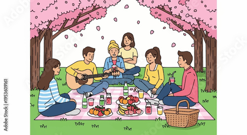 Group of diverse friends enjoying picnic under cherry blossom trees in a park with food and drinks on a sunny day