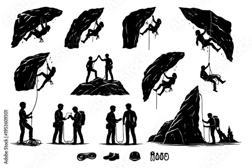 Silhouetted rock climbers and gear in various poses and interactions.