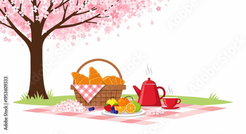 Peaceful outdoor picnic scene with a large flowering tree a basket and various food items on a grassy field perfect for springtime outdoor activities