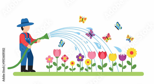 Gardener watering colorful flower garden with a hose in sunny outdoor setting for landscape and gardening themes