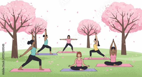 People practicing yoga outdoors in a park during spring with blooming cherry blossom trees and clear blue sky for relaxation exercise