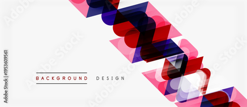 Abstract geometric pattern. Overlapping shapes create dynamic visual effect. Pink, purple, blue hues dominate white space. Modern design element.