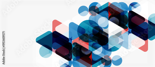 Abstract geometric shapes overlap, creating dynamic visual effect. Blue, red hues dominate white background. Modern design element.