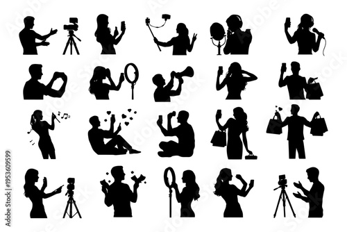Silhouette set of diverse influencers engaged in various activities.