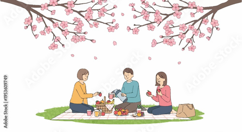 Group of friends having outdoor picnic on green grass with food drinks and snacks in a park during springtime with blooming cherry blossom trees