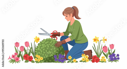 Young woman gardening in a flower bed with colorful tulips and daffodils during spring season outdoor scene for lifestyle use