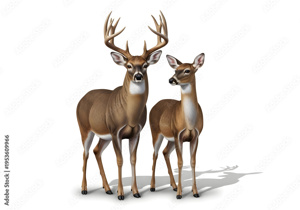 Fototapeta premium Majestic deer family standing in snowy forest clearing with soft winter lighting
