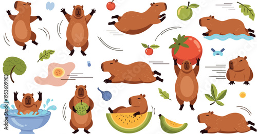 Set of cute capybara characters with fruits, water, leaves and playful actions in colorful cartoon vector illustration style