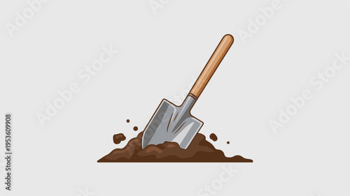 Shovel digging into brown soil with wooden handle on gray background gardening tool for excavation and construction work