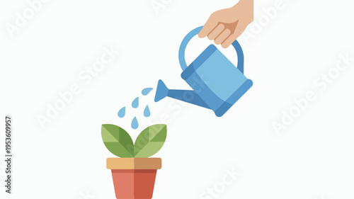 Person watering a small green plant in a terracotta pot with a blue watering can on white background