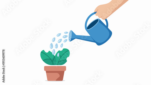 Person watering a green potted plant with a blue watering can on a white background illustrating gardening and plant care