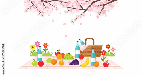 Springtime outdoor scene with colorful gardening tools flowers and trees in a vibrant and lively garden setting for leisure and outdoor activities