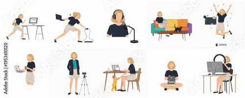 Flat Style Diverse Woman Blogger Lifestyle Activities Set Illustration