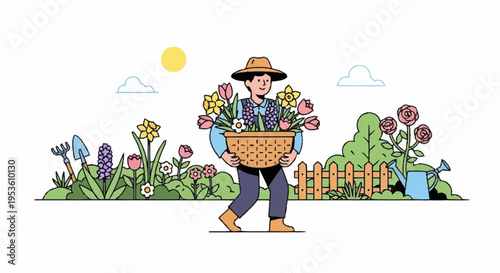 Farmer carrying basket of freshly harvested vegetables in a vibrant farm landscape with colorful flowers and green fields during spring