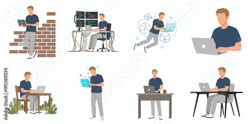 Flat Style Detailed Man Programmer Character with Laptop Illustration Set