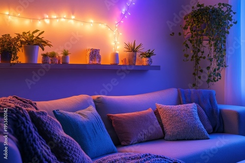 Light chill interior with a couch, shelf with decorations, and a mock-up wall for design customization, Generative AI