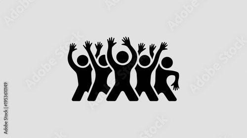 Diverse group of people celebrating with raised hands in unison on gray background expressing joy and unity