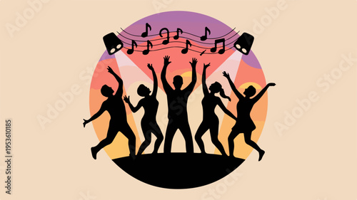 Silhouettes of people dancing with musical notes at sunset joyful party atmosphere with vibrant colors