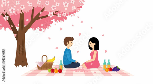 Young couple enjoying picnic outdoors under a blooming cherry blossom tree on a sunny day with food and drinks